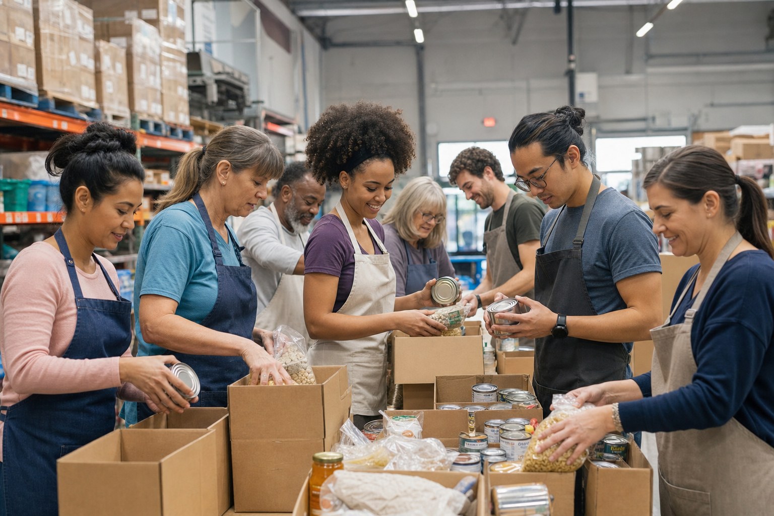 Volunteers preparing grocery boxes together